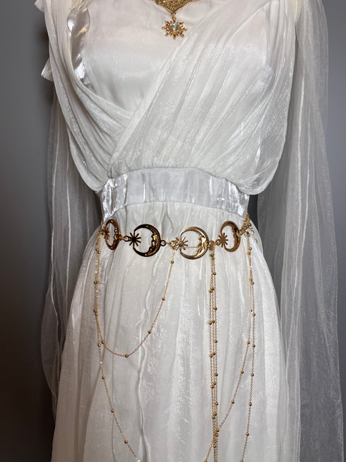 White Fantasy Tulle Dress with Draped Sleeves and Celestial Belt – Greek Goddess Dress Plus Size